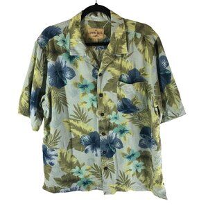Havana Jacks Cafe Mens Hawaiian Aloha Shirt Silk Palm Leaf Print Green Blue L